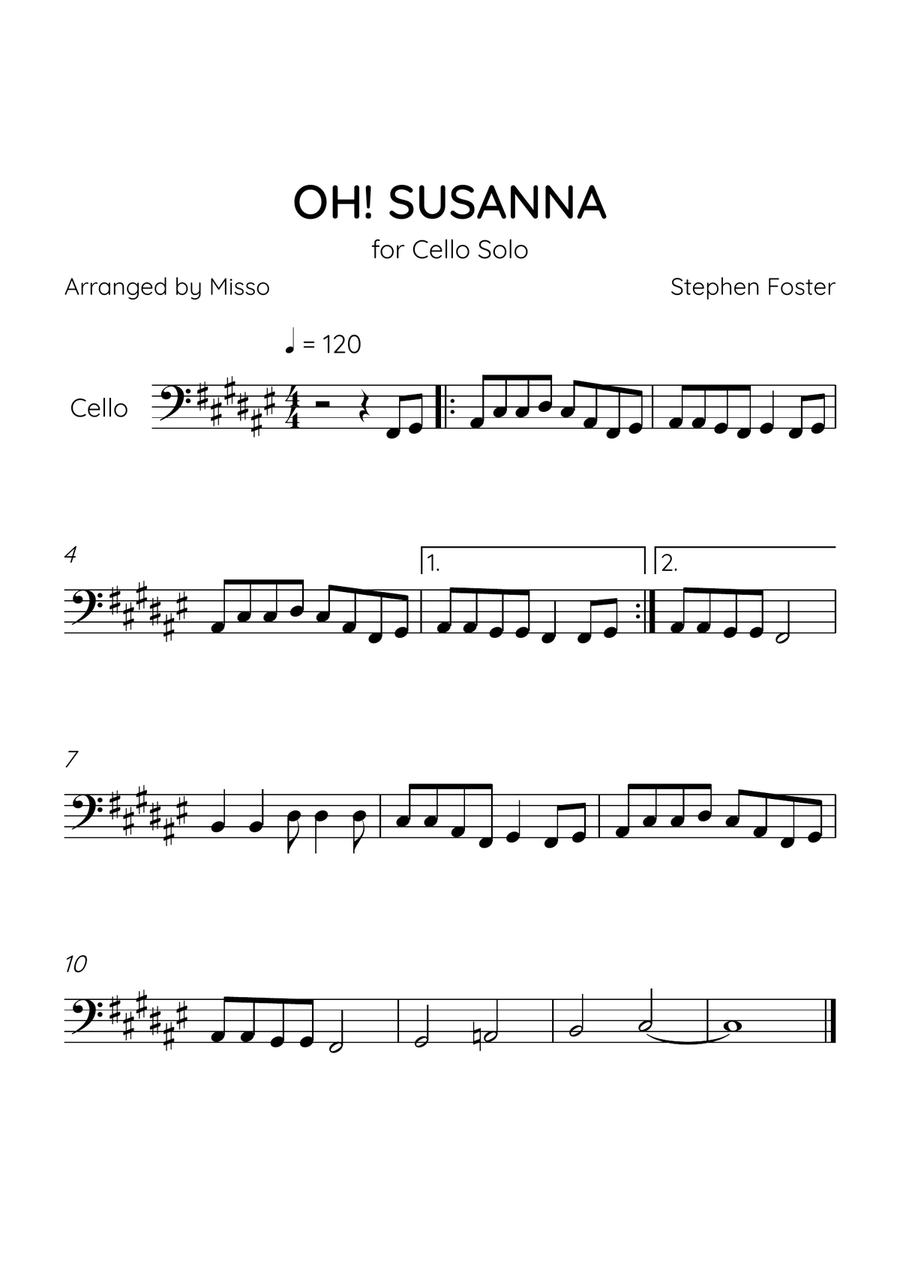 Oh! Susanna - Cello Solo in F# Major - Easy Level - Sheet Music Cello Solo scores gallery preview page 1