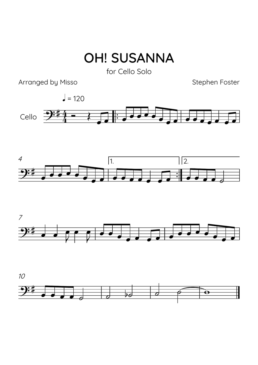 Oh! Susanna - Cello Solo in G Major - Easy Level - Sheet Music Cello Solo scores gallery preview page 1