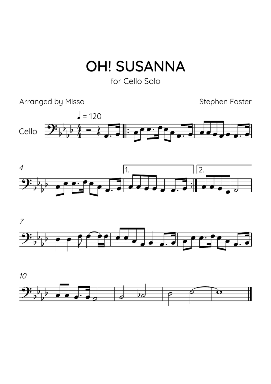 Oh! Susanna - Cello Solo in Ab Major - Intermediate Level - Sheet Music Cello Solo scores gallery preview page 1
