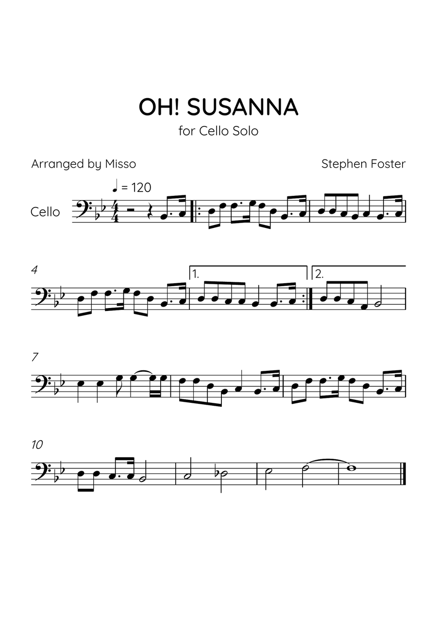 Oh! Susanna - Cello Solo in Bb Major - Intermediate Level - Sheet Music Cello Solo scores gallery preview page 1