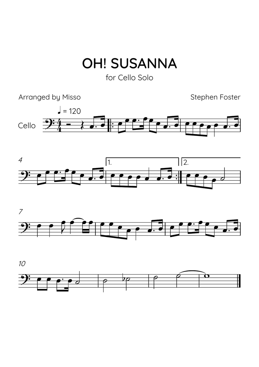 Oh! Susanna - Cello Solo in C Major - Intermediate Level - Sheet Music Cello Solo scores gallery preview page 1