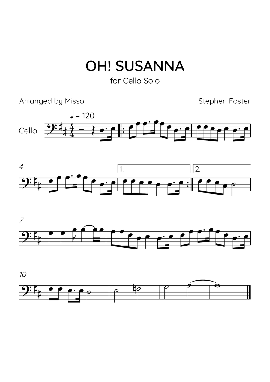 Oh! Susanna - Cello Solo in D Major - Intermediate Level - Sheet Music Cello Solo scores gallery preview page 1