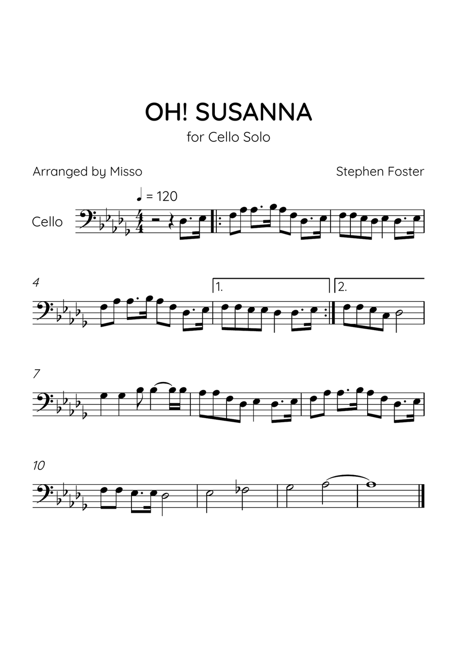 Oh! Susanna - Cello Solo in Db Major - Intermediate Level - Sheet Music Cello Solo scores gallery preview page 1