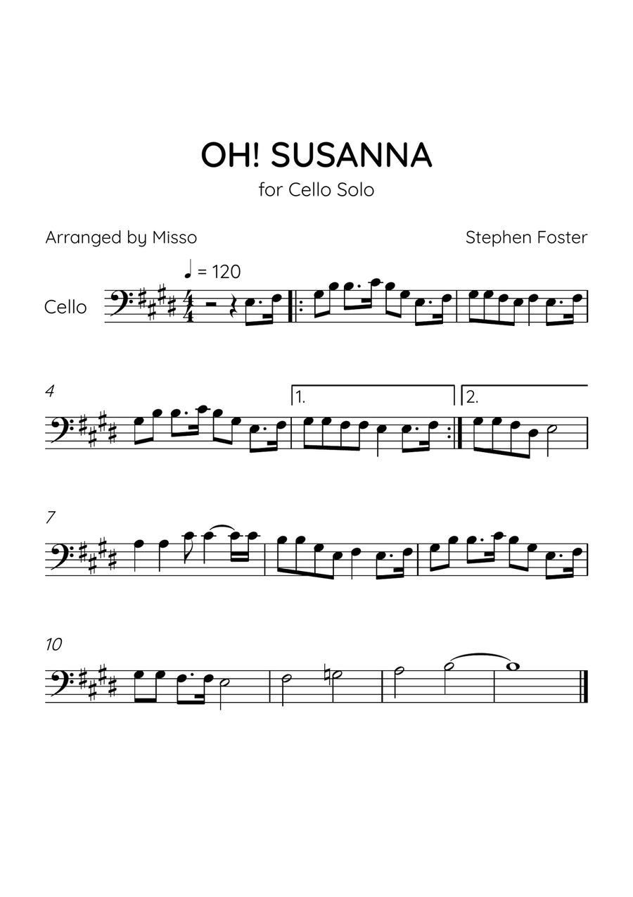 Oh! Susanna - Cello Solo in E Major - Intermediate Level - Sheet Music Cello Solo scores gallery preview page 1