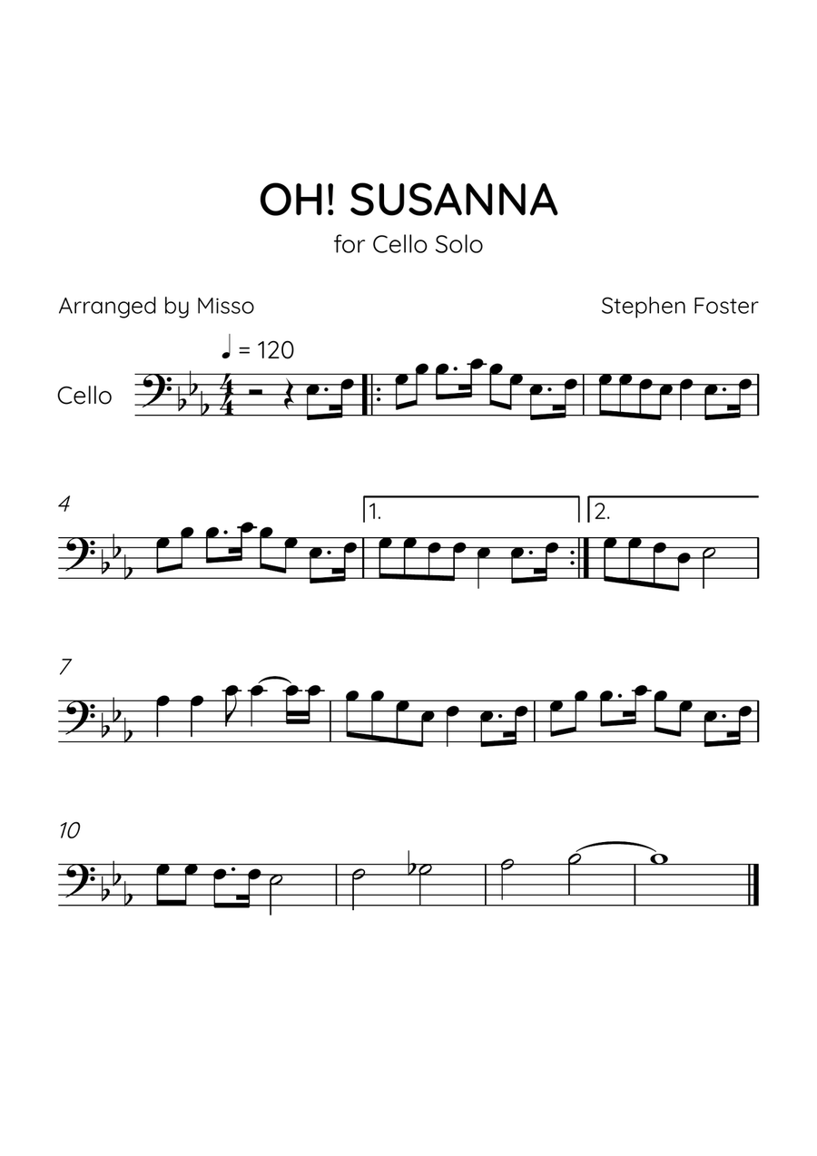 Oh! Susanna - Cello Solo in Eb Major - Intermediate Level - Sheet Music Cello Solo scores gallery preview page 1