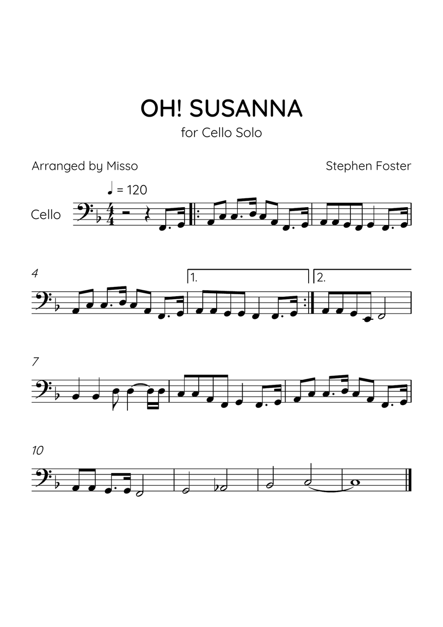 Oh! Susanna - Cello Solo in F Major - Intermediate Level - Sheet Music Cello Solo scores gallery preview page 1