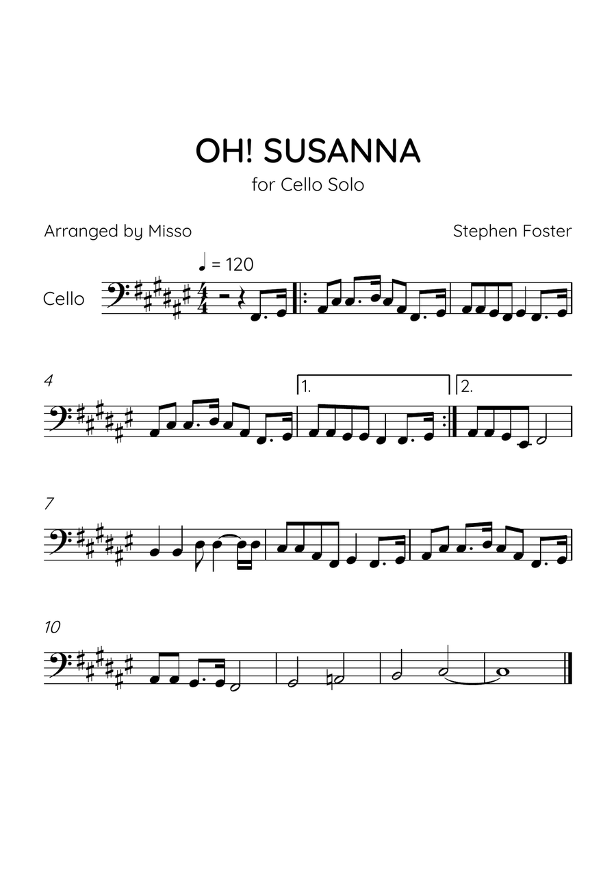 Oh! Susanna - Cello Solo in F# Major - Intermediate Level - Sheet Music Cello Solo scores gallery preview page 1