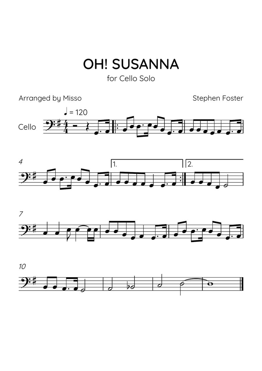 Oh! Susanna - Cello Solo in G Major - Intermediate Level - Sheet Music Cello Solo scores gallery preview page 1