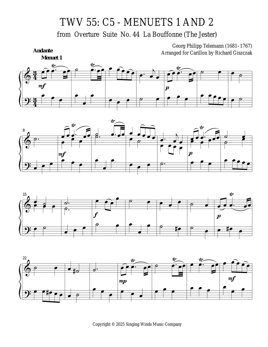 TWV 55: C5 - Menuets 1 and 2 (OS 44 La Bouffonne) Chamber Music scores gallery preview page 1