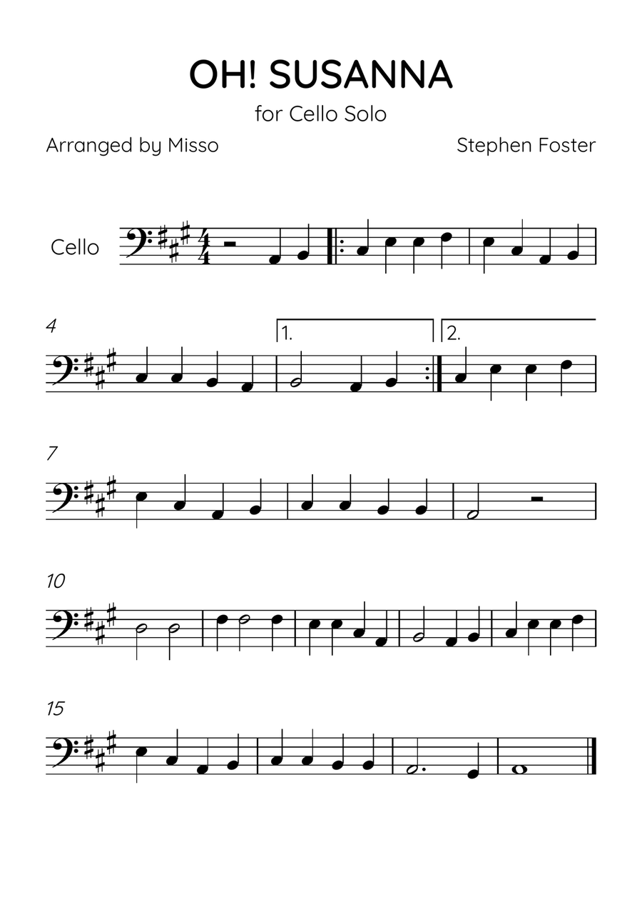 Oh! Susanna - Cello Solo in A Major - Beginner Level - Sheet Music Cello Solo scores gallery preview page 1