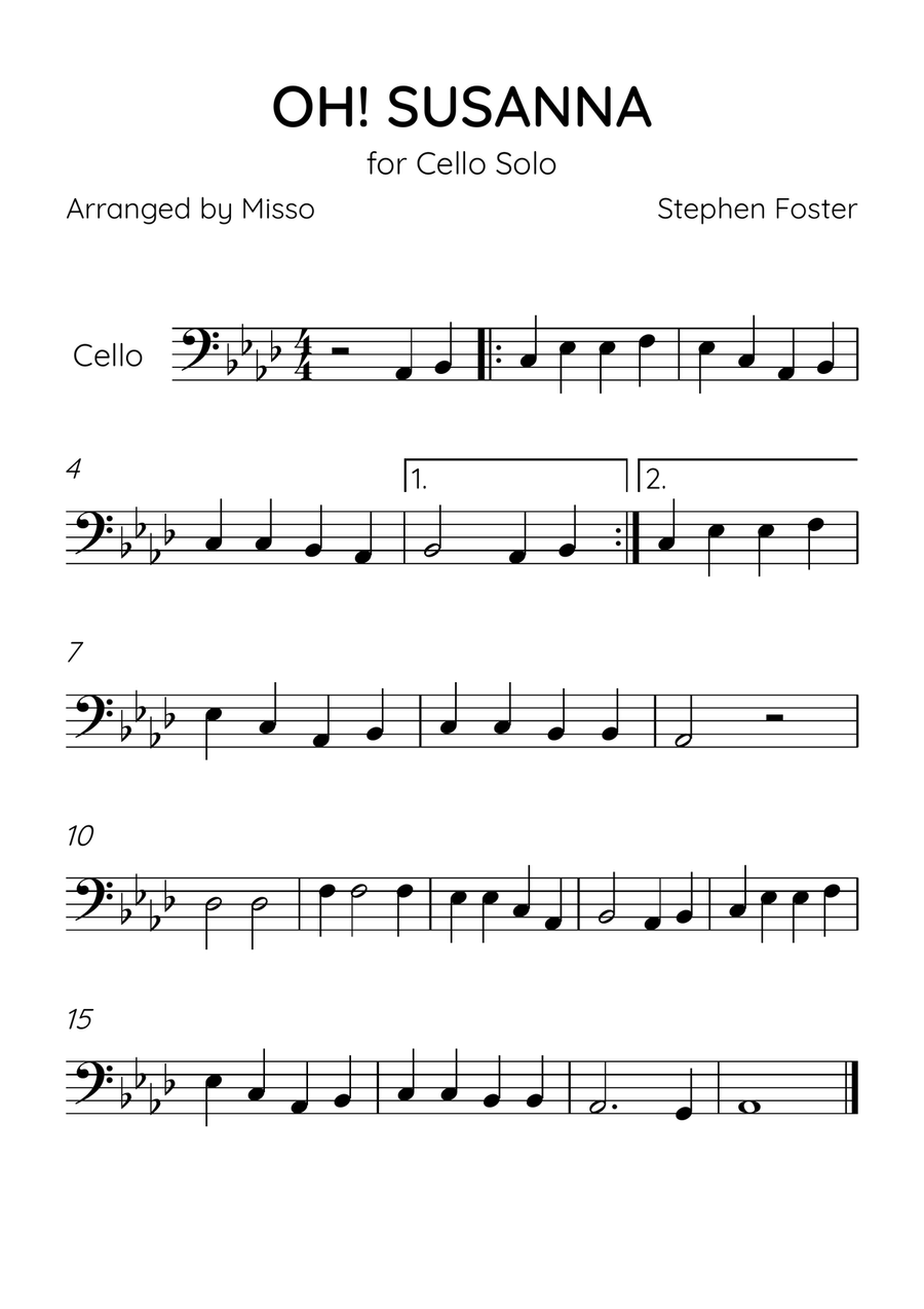 Oh! Susanna - Cello Solo in Ab Major - Beginner Level - Sheet Music Cello Solo scores gallery preview page 1