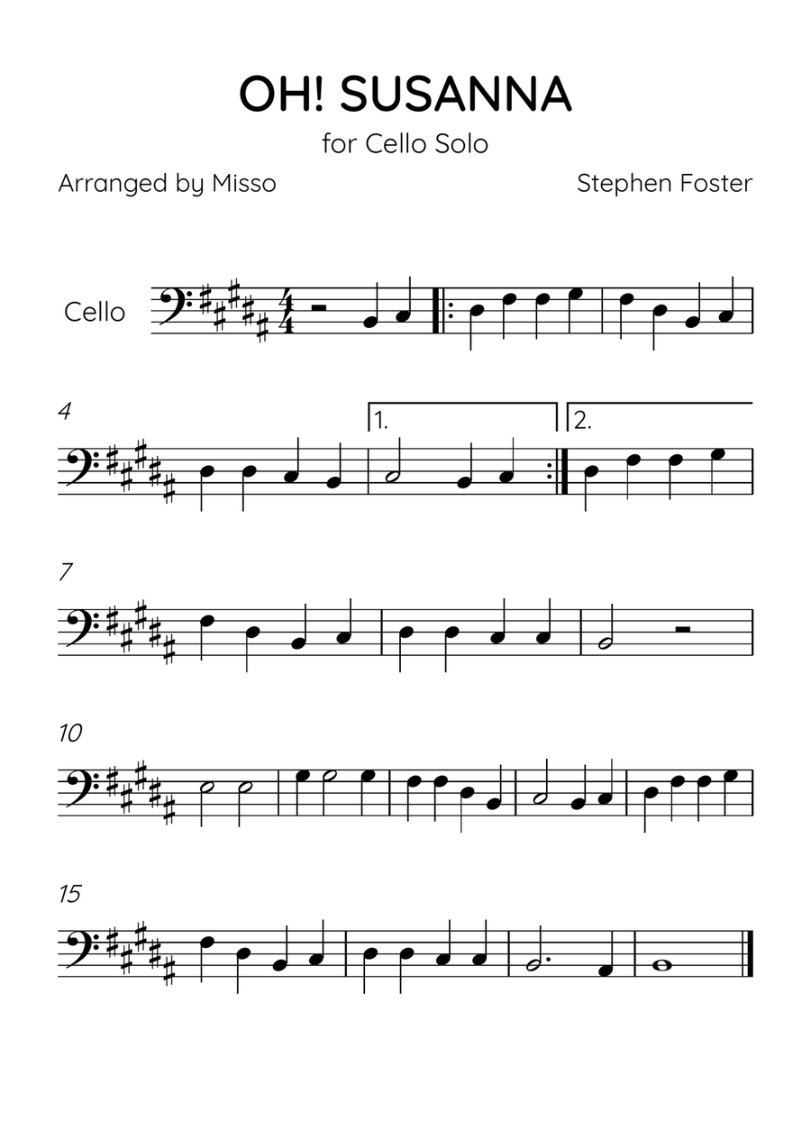 Oh! Susanna - Cello Solo in B Major - Beginner Level - Sheet Music Cello Solo scores gallery preview page 1