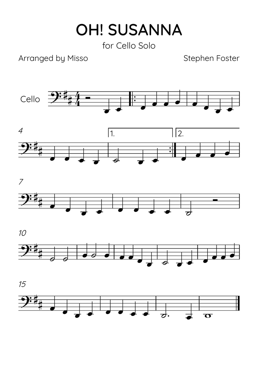 Oh! Susanna - Cello Solo in D Major - Beginner Level - Sheet Music Cello Solo scores gallery preview page 1