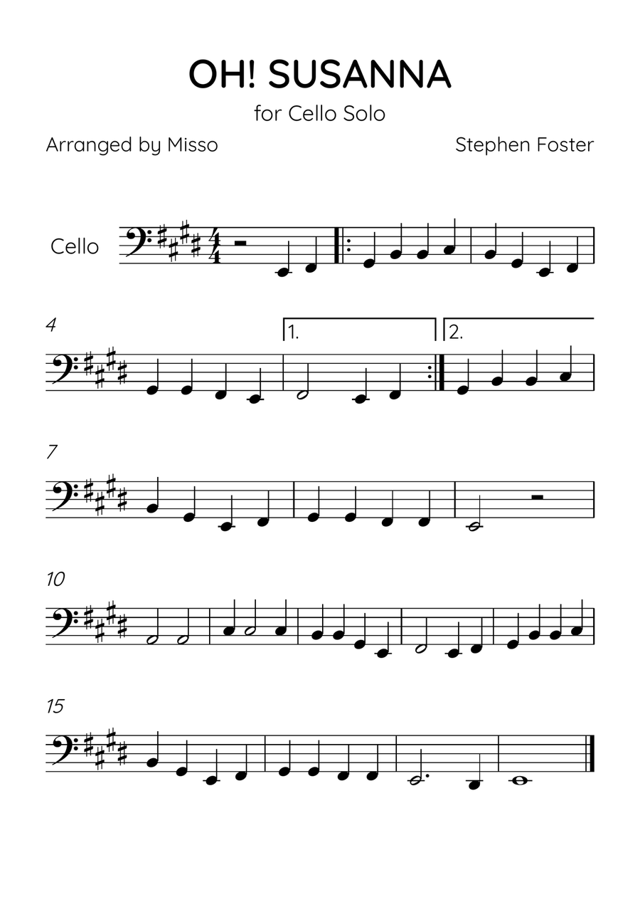 Oh! Susanna - Cello Solo in E Major - Beginner Level - Sheet Music Cello Solo scores gallery preview page 1