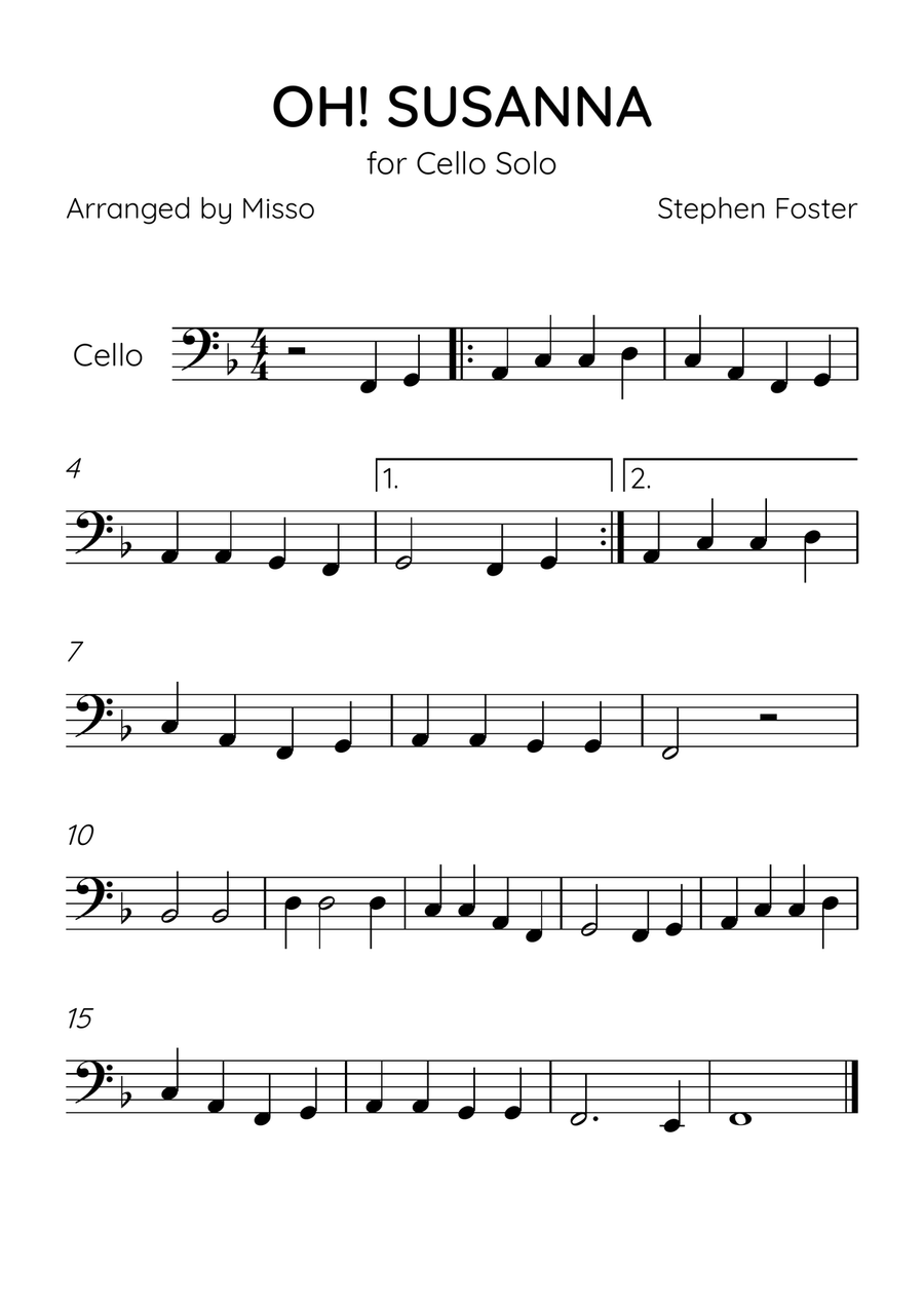 Oh! Susanna - Cello Solo in F Major - Beginner Level - Sheet Music Cello Solo scores gallery preview page 1