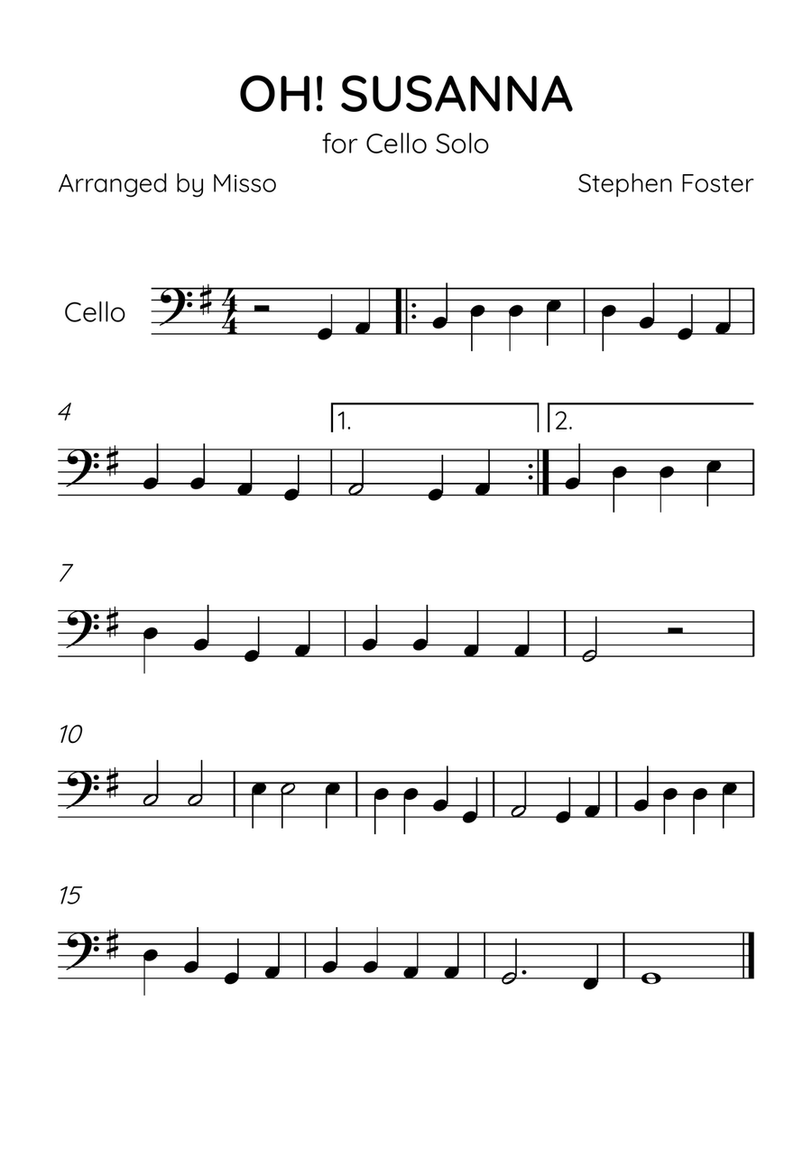 Oh! Susanna - Cello Solo in G Major - Beginner Level - Sheet Music Cello Solo scores gallery preview page 1