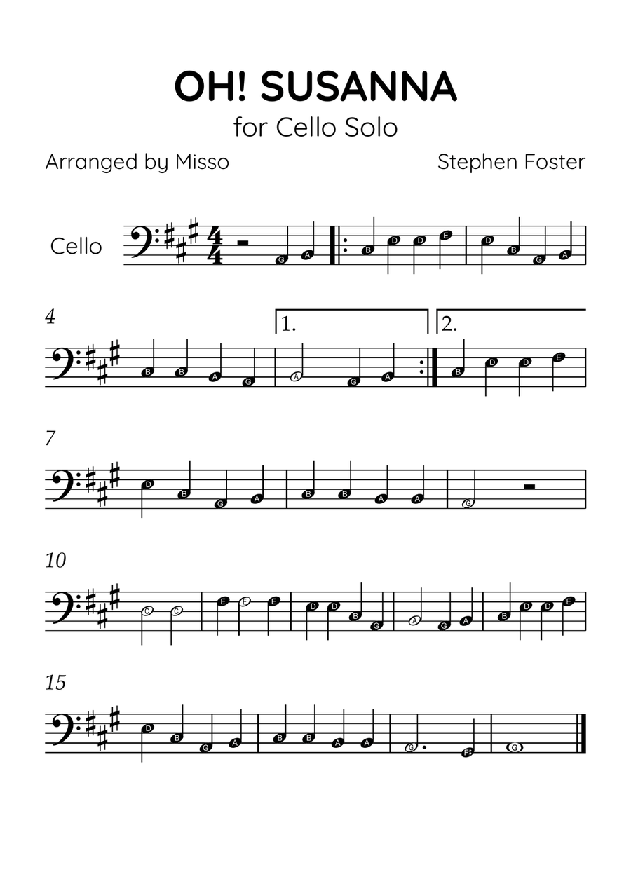 Oh! Susanna - Cello Solo in A Major - Beginner Level Letter Names - Sheet Music Cello Solo scores gallery preview page 1