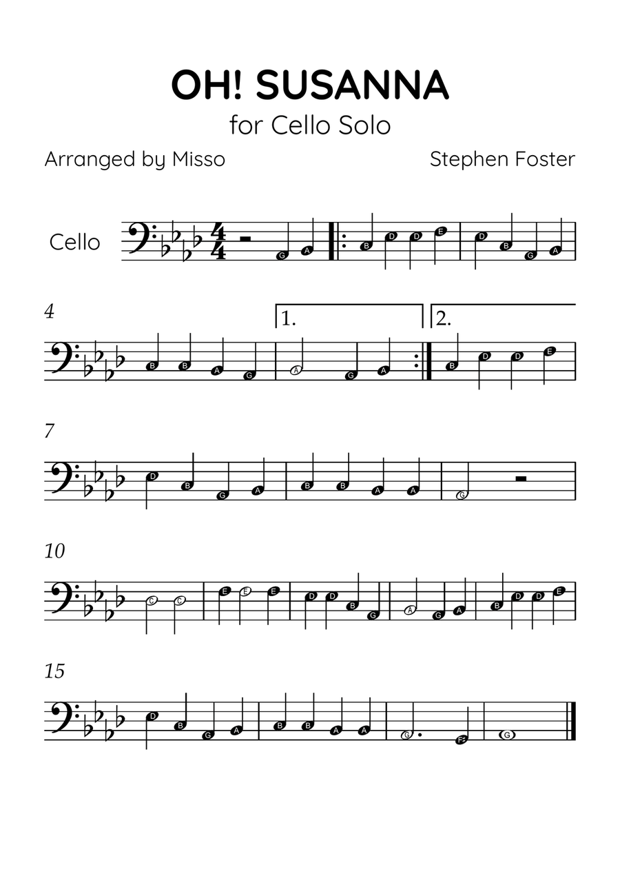 Oh! Susanna - Cello Solo in Ab Major - Beginner Level Letter Names - Sheet Music Cello Solo scores gallery preview page 1