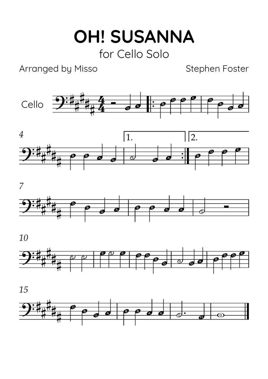 Oh! Susanna - Cello Solo in B Major - Beginner Level Letter Names - Sheet Music Cello Solo scores gallery preview page 1