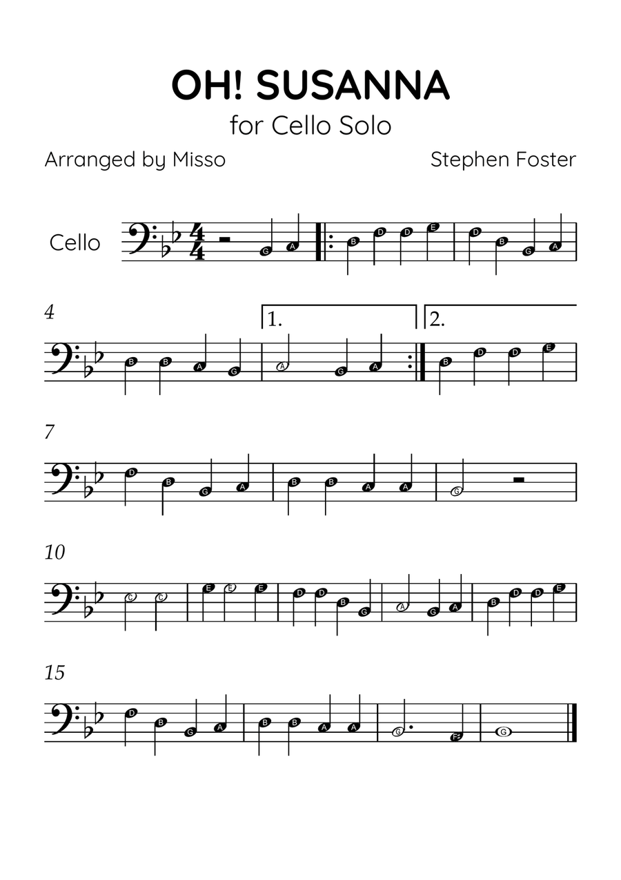 Oh! Susanna - Cello Solo in Bb Major - Beginner Level Letter Names - Sheet Music Cello Solo scores gallery preview page 1