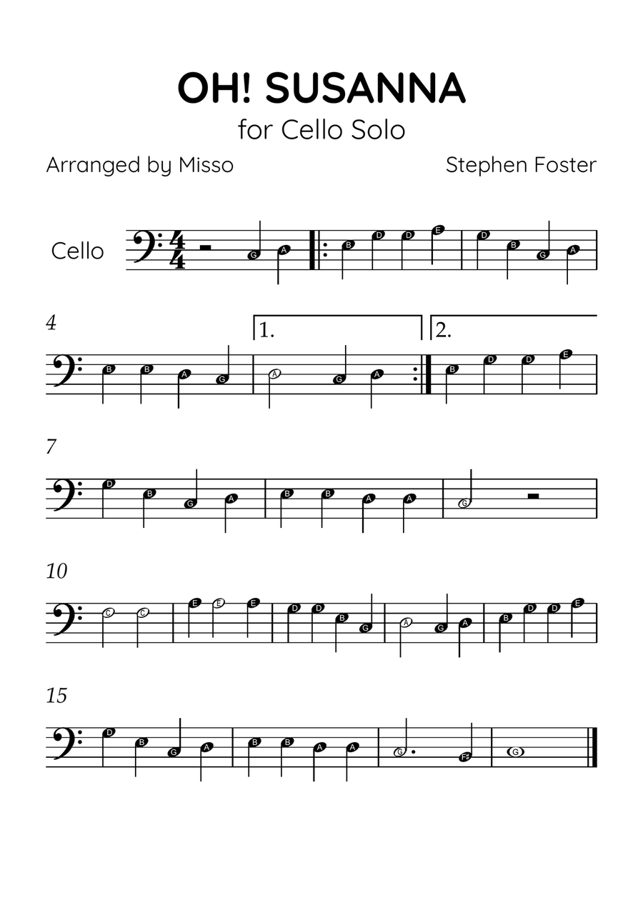 Oh! Susanna - Cello Solo in C Major - Beginner Level Letter Names - Sheet Music Cello Solo scores gallery preview page 1