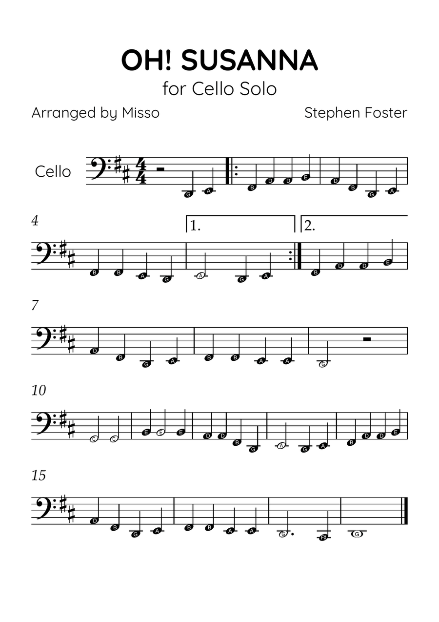 Oh! Susanna - Cello Solo in D Major - Beginner Level Letter Names - Sheet Music Cello Solo scores gallery preview page 1