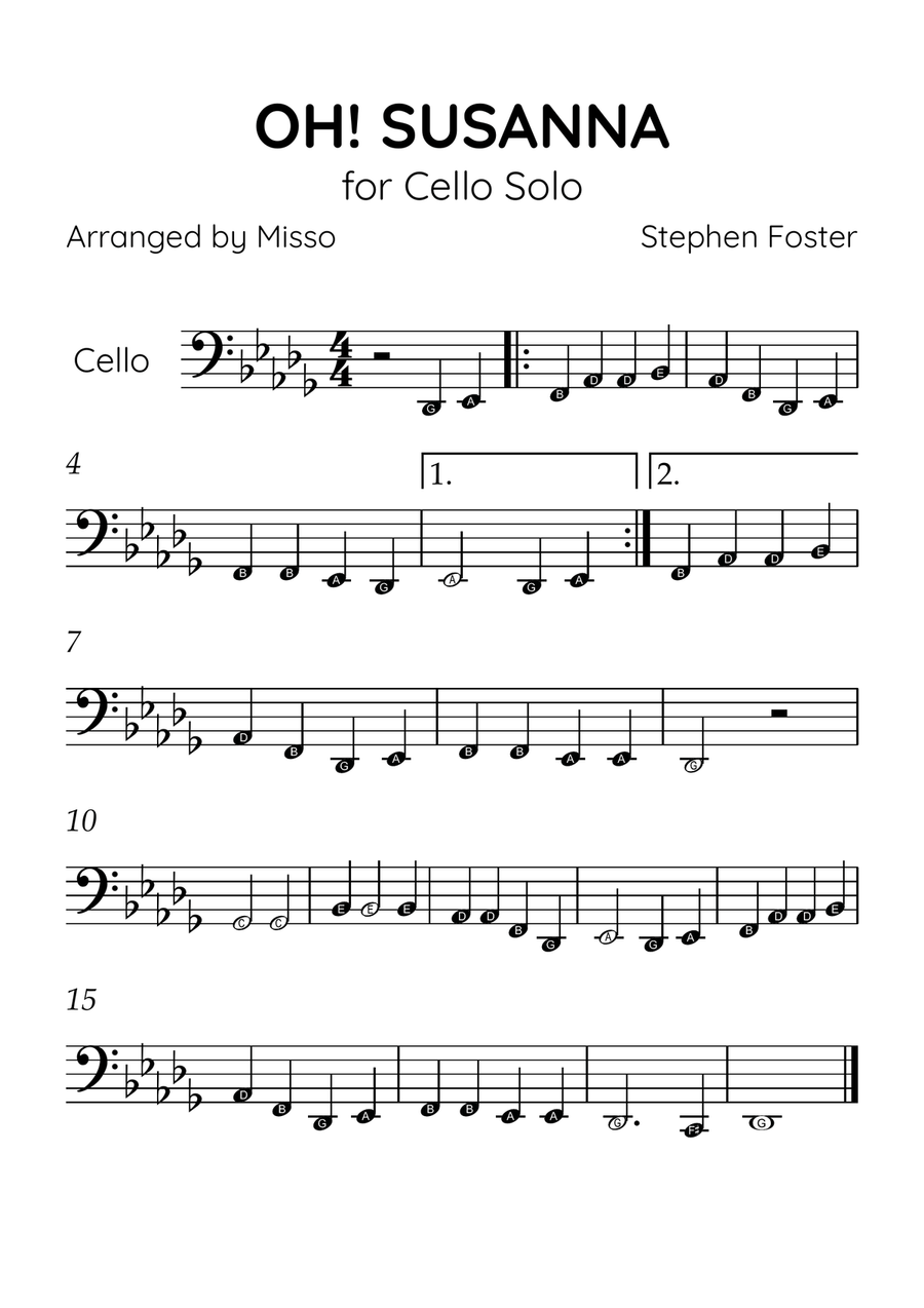 Oh! Susanna - Cello Solo in Db Major - Beginner Level Letter Names - Sheet Music Cello Solo scores gallery preview page 1