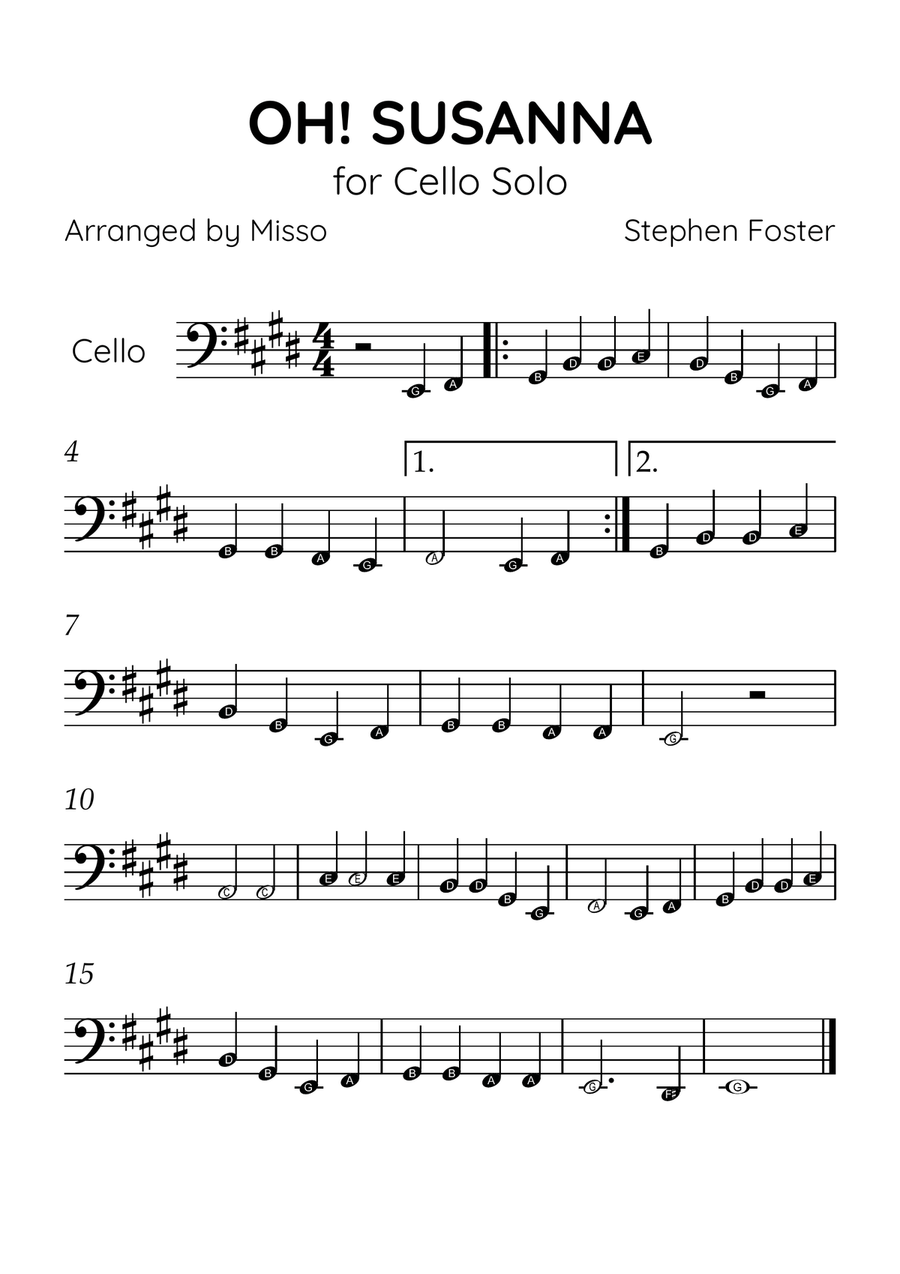 Oh! Susanna - Cello Solo in E Major - Beginner Level Letter Names - Sheet Music Cello Solo scores gallery preview page 1