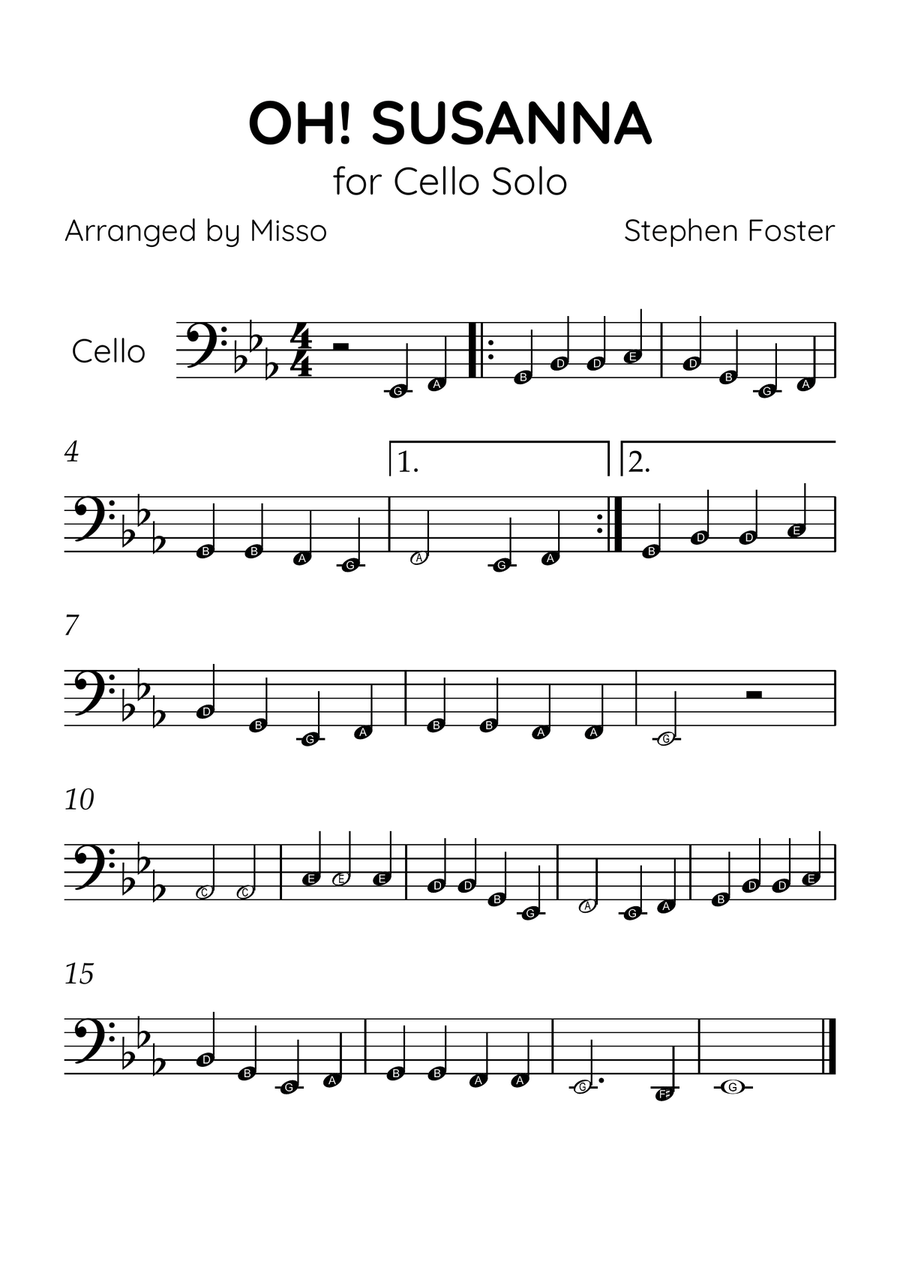 Oh! Susanna - Cello Solo in Eb Major - Beginner Level Letter Names - Sheet Music Cello Solo scores gallery preview page 1