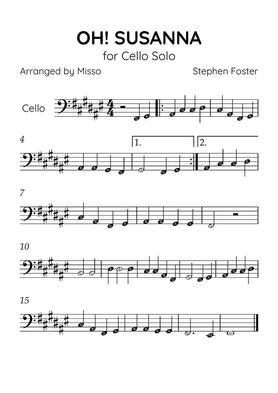 Oh! Susanna - Cello Solo in F# Major - Beginner Level Letter Names - Sheet Music Cello Solo scores gallery preview page 1