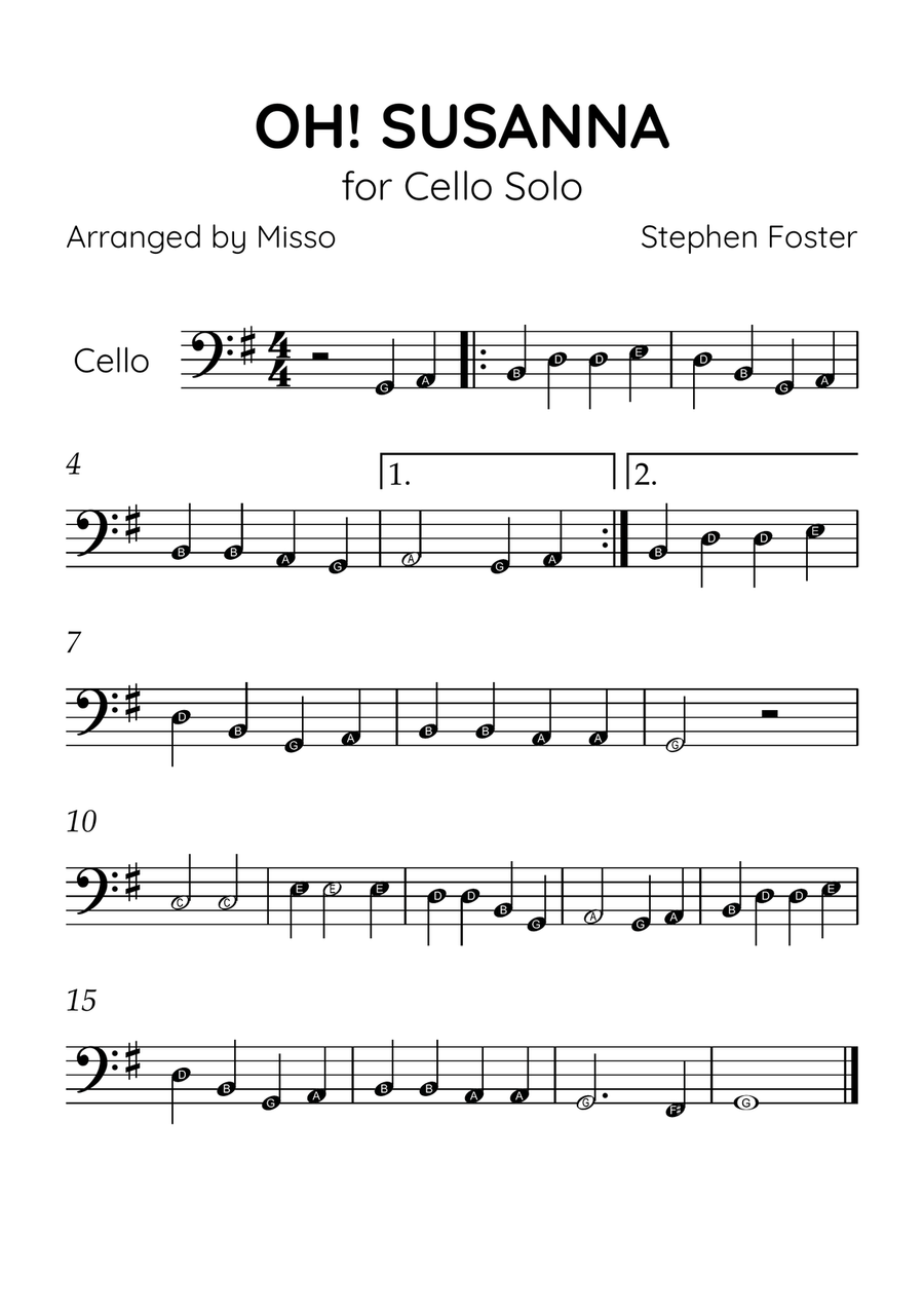 Oh! Susanna - Cello Solo in G Major - Beginner Level Letter Names - Sheet Music Cello Solo scores gallery preview page 1