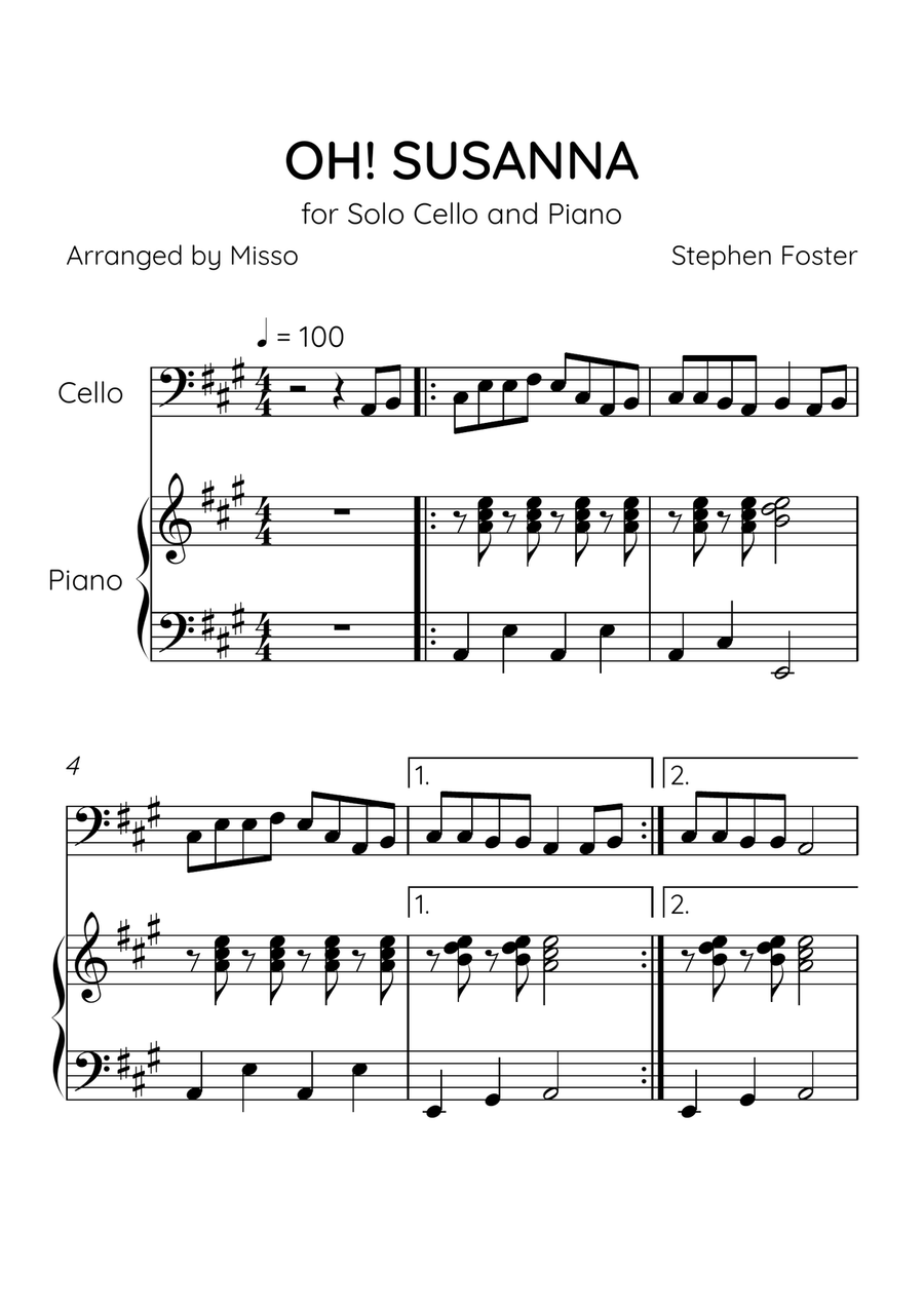Oh! Susanna - Cello and Piano in A Major - Easy Level - Sheet Music Piano scores gallery preview page 1