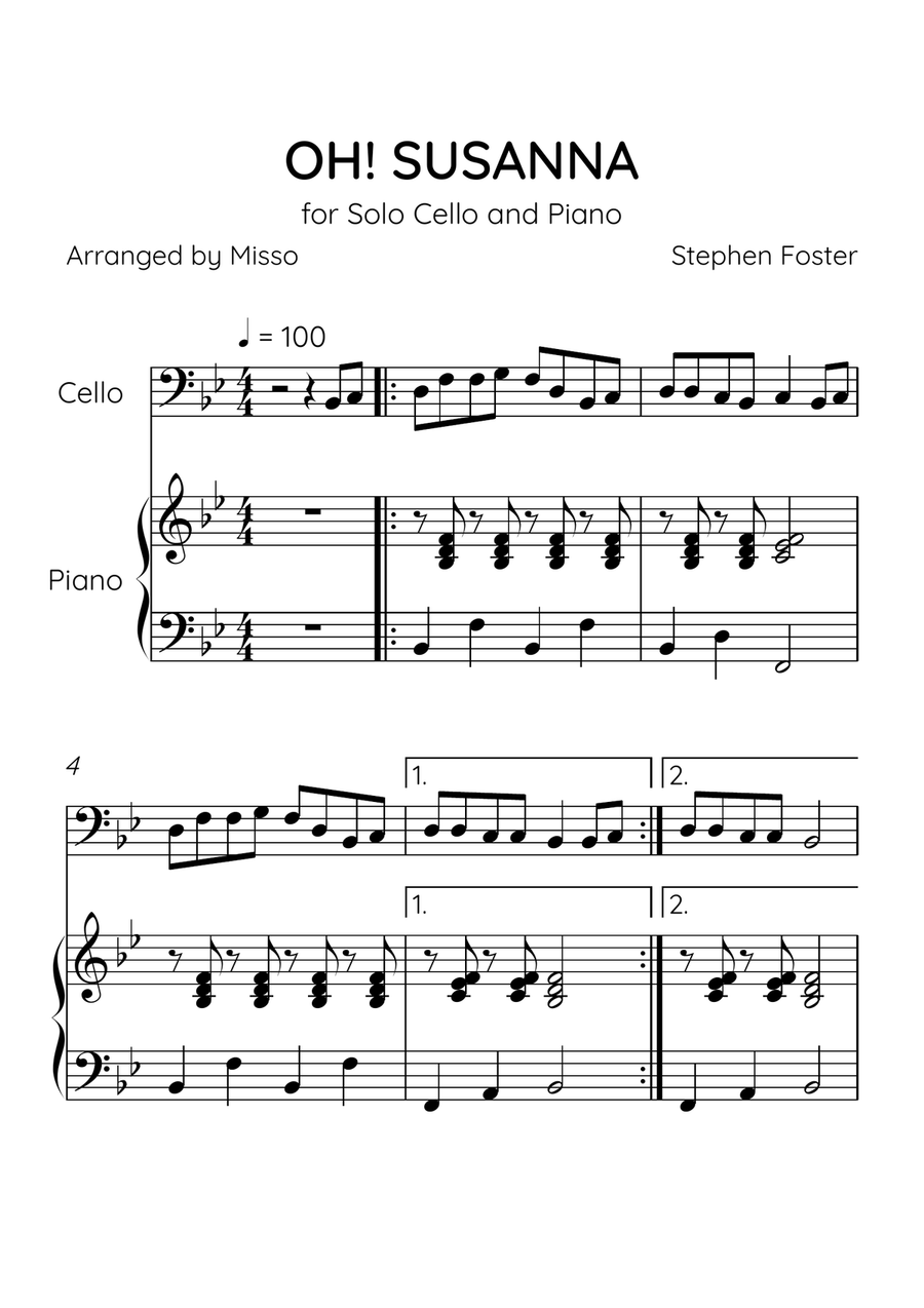 Oh! Susanna - Cello and Piano in Bb Major - Easy Level - Sheet Music Piano scores gallery preview page 1