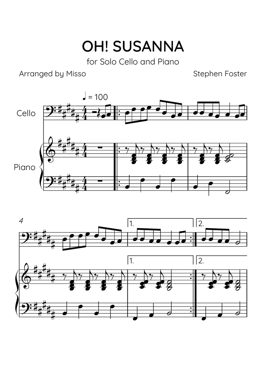 Oh! Susanna - Cello and Piano in B Major - Easy Level - Sheet Music Piano scores gallery preview page 1