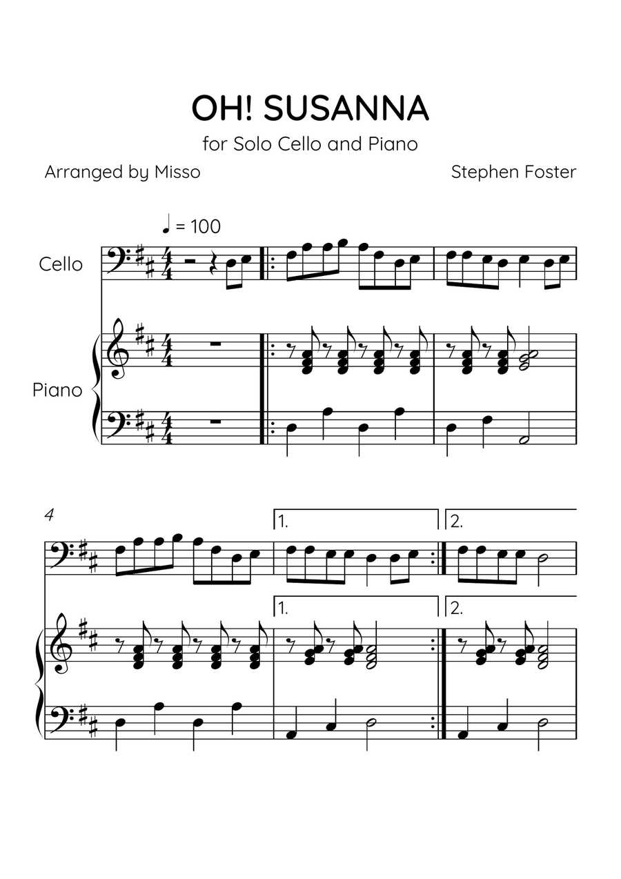 Oh! Susanna - Cello and Piano in D Major - Easy Level - Sheet Music Piano scores gallery preview page 1
