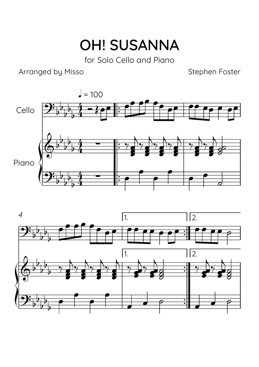 Oh! Susanna - Cello and Piano in Db Major - Easy Level - Sheet Music Piano scores gallery preview page 1
