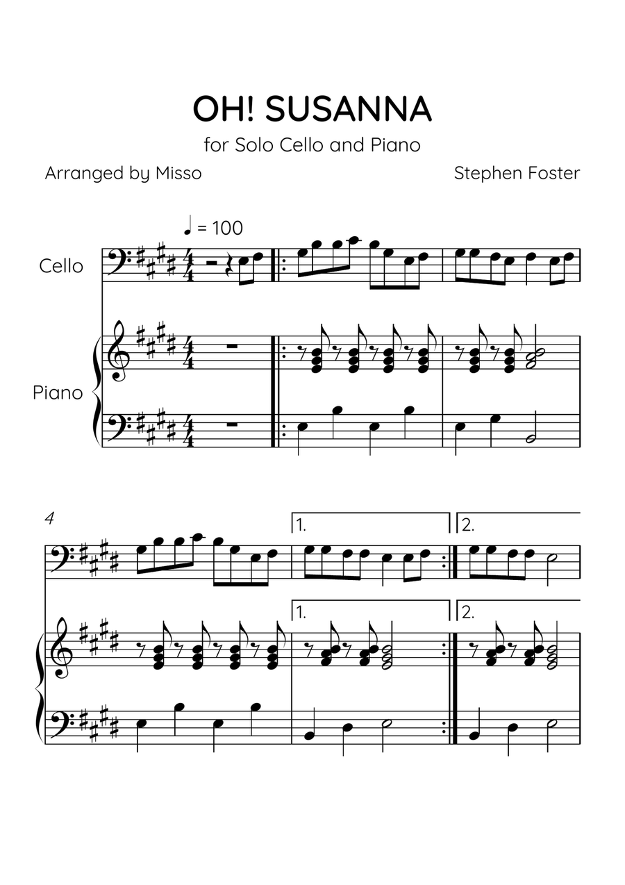 Oh! Susanna - Cello and Piano in E Major - Easy Level - Sheet Music Piano scores gallery preview page 1
