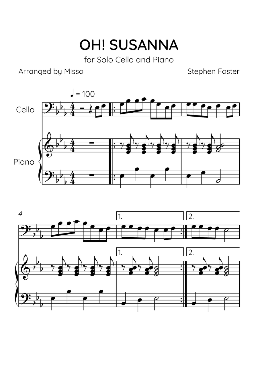 Oh! Susanna - Cello and Piano in Eb Major - Easy Level - Sheet Music Piano scores gallery preview page 1