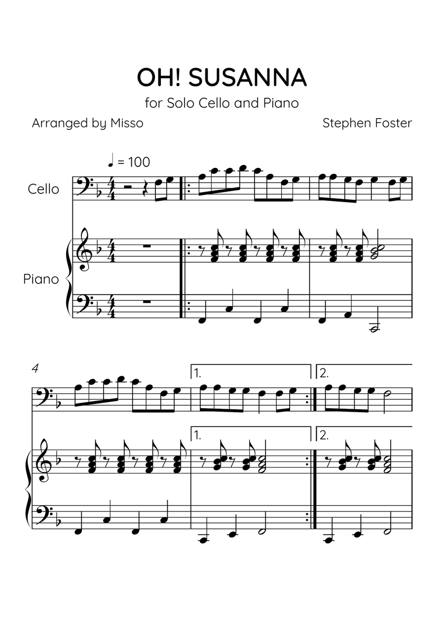 Oh! Susanna - Cello and Piano in F Major - Easy Level - Sheet Music Piano scores gallery preview page 1