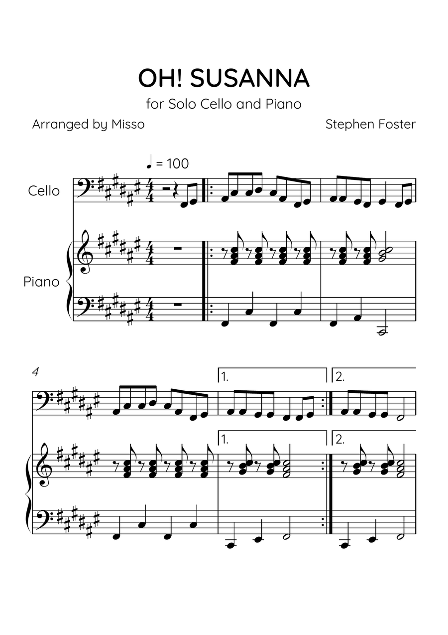 Oh! Susanna - Cello and Piano in F# Major - Easy Level - Sheet Music Piano scores gallery preview page 1
