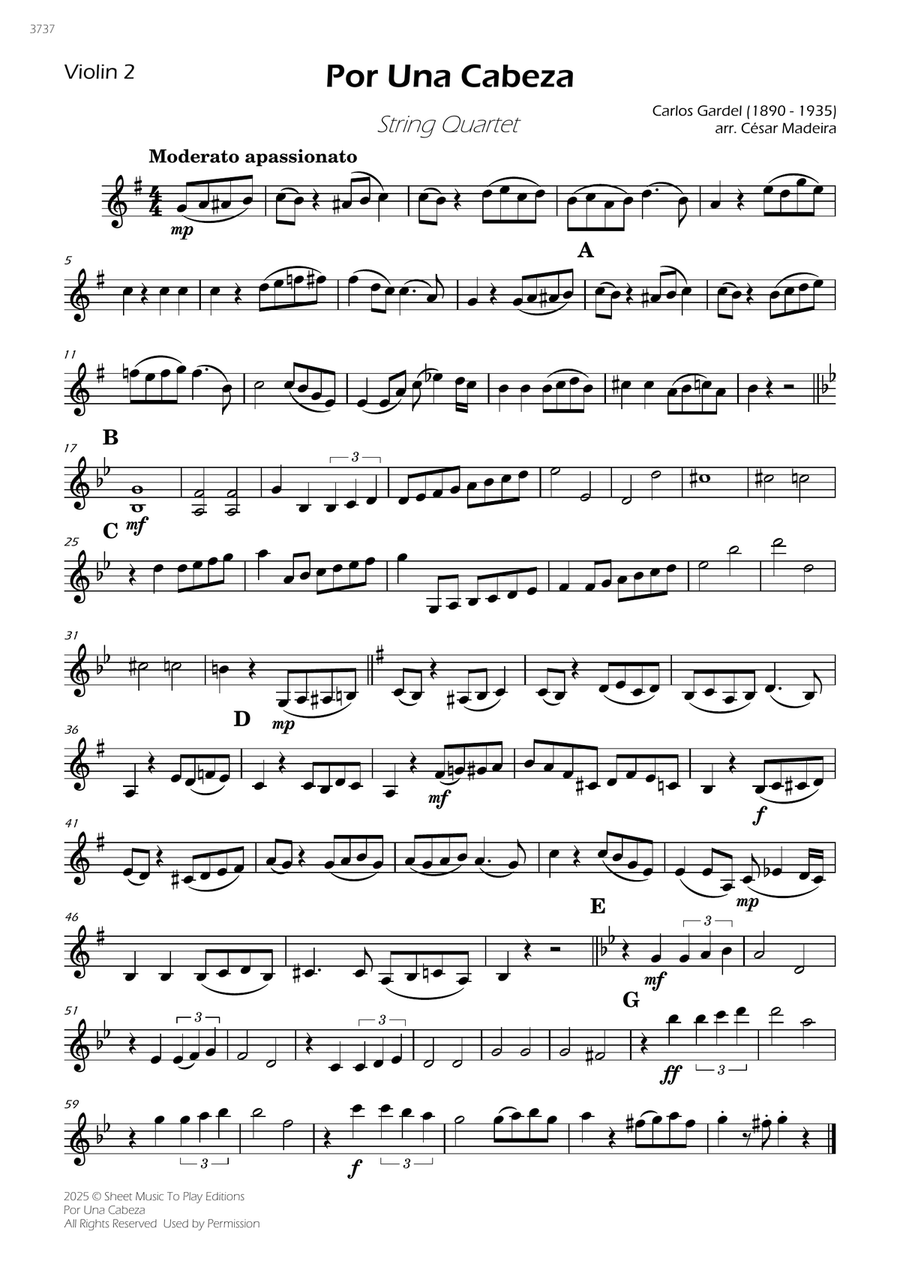 Por Una Cabeza - String Quartet (Individual Parts) String Quartet scores gallery preview page 2