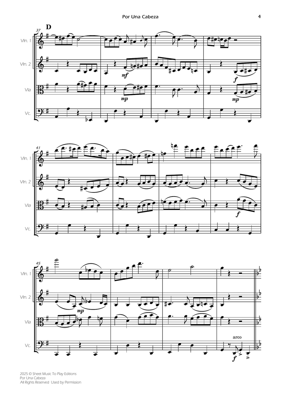 Por Una Cabeza - String Quartet (Full Score and Parts) String Quartet scores gallery preview page 6