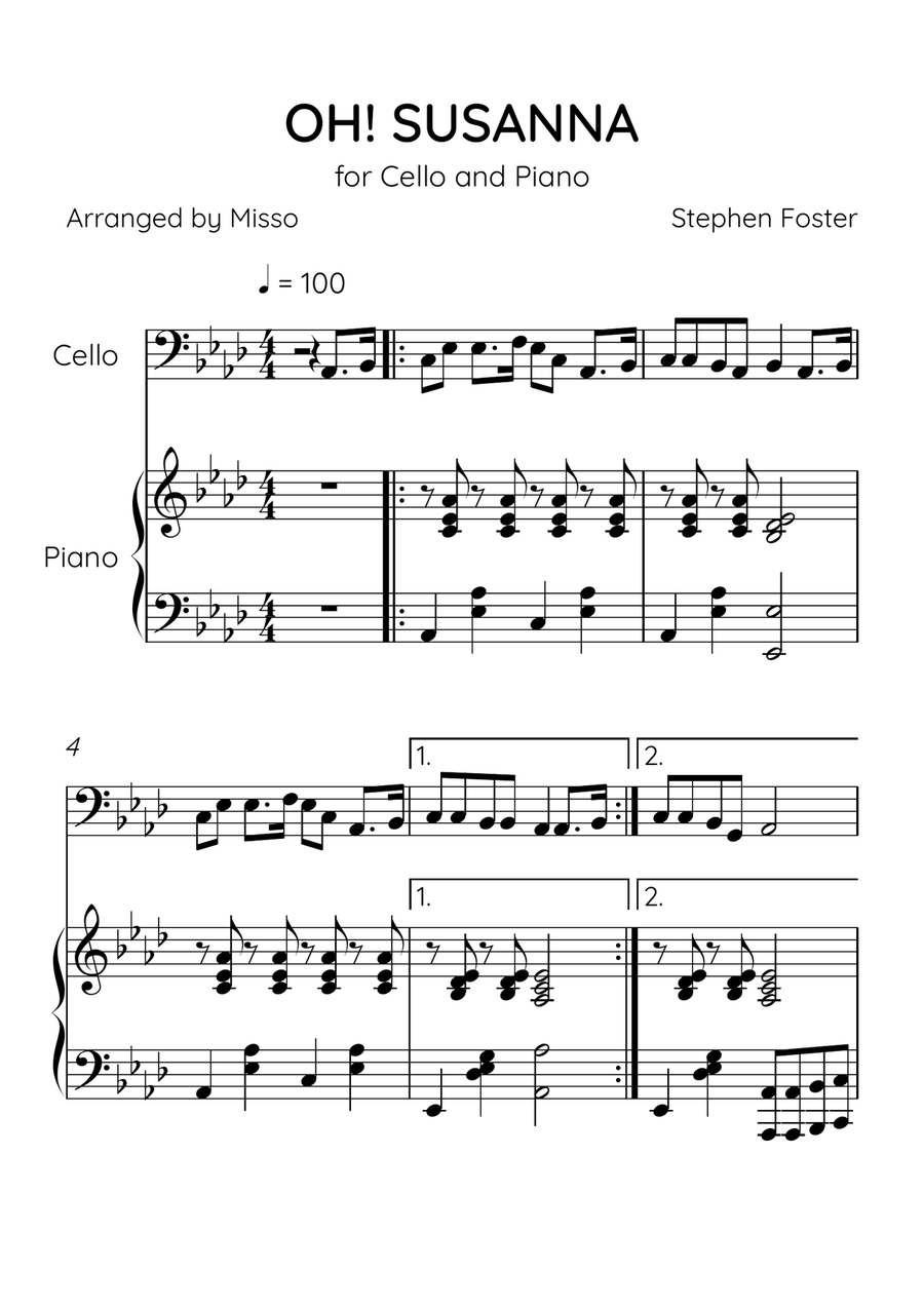 Oh! Susanna - Cello and Piano in Ab Major - Intermediate Level - Sheet Music Piano scores gallery preview page 1