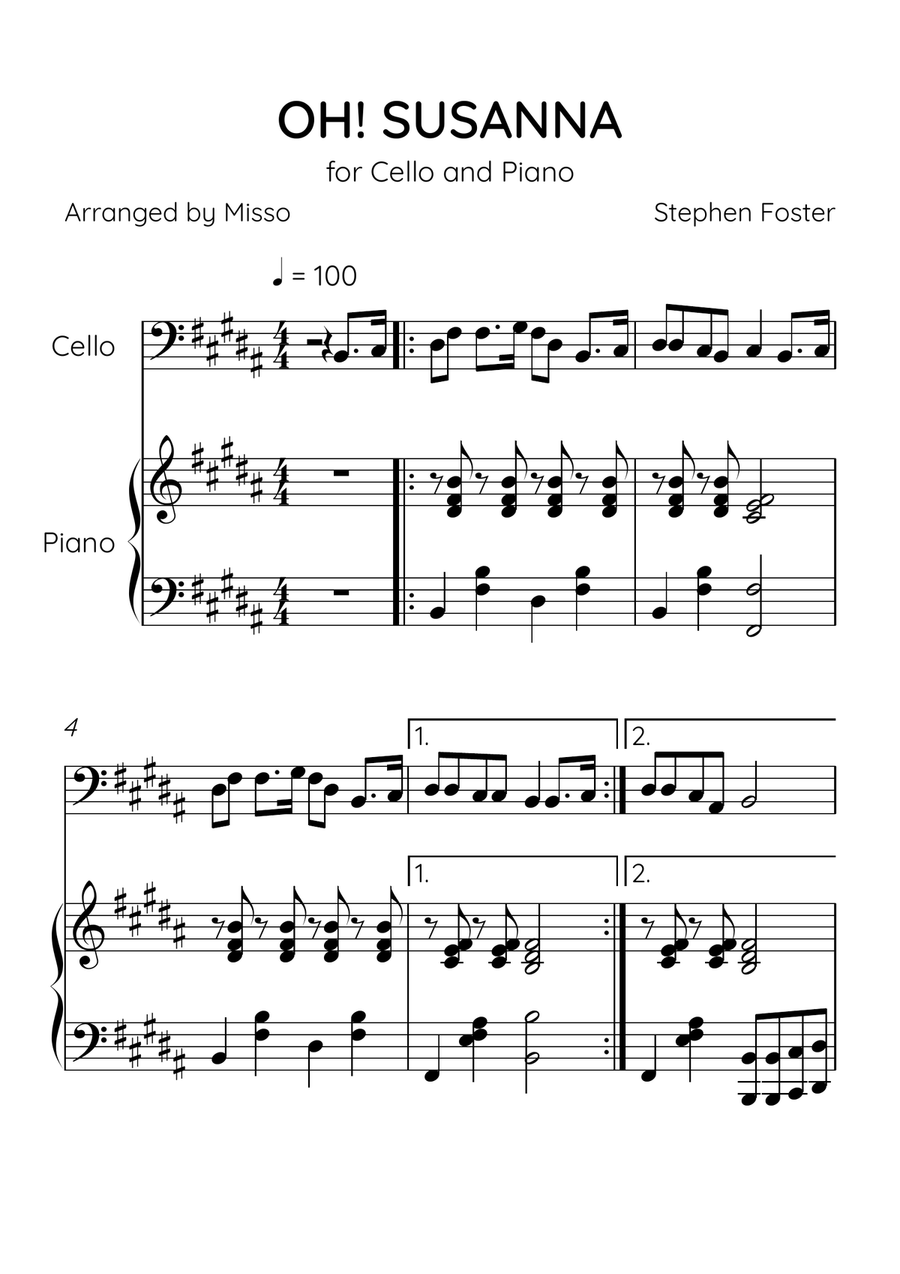 Oh! Susanna - Cello and Piano in B Major - Intermediate Level - Sheet Music Piano scores gallery preview page 1