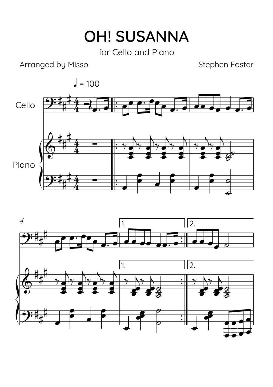 Oh! Susanna - Cello and Piano in A Major - Intermediate Level - Sheet Music Piano scores gallery preview page 1