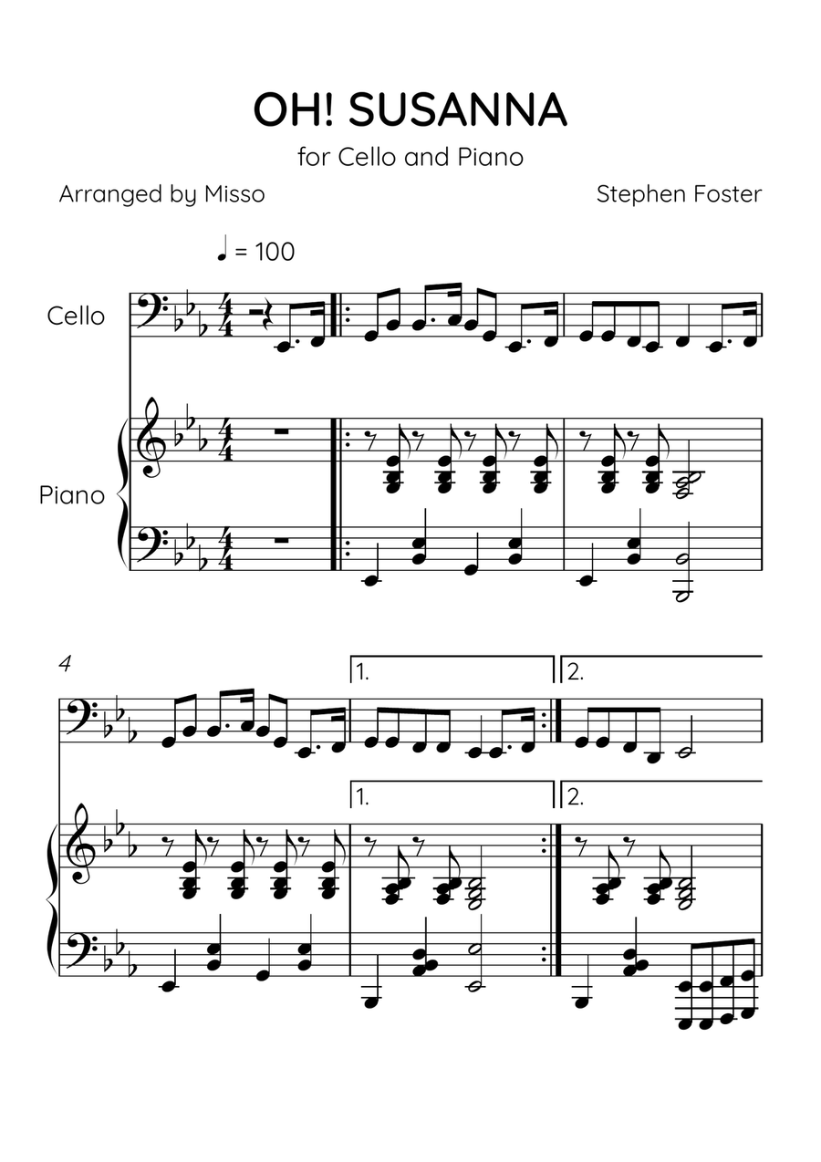 Oh! Susanna - Cello and Piano in Eb Major - Intermediate Level - Sheet Music Piano scores gallery preview page 1