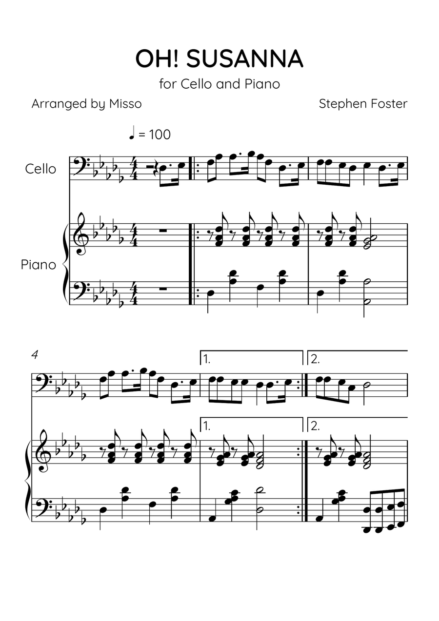 Oh! Susanna - Cello and Piano in Db Major - Intermediate Level - Sheet Music Piano scores gallery preview page 1