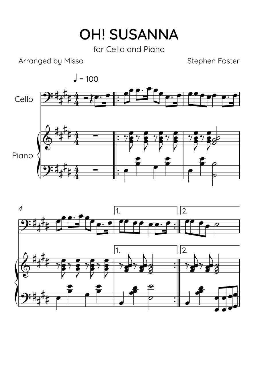 Oh! Susanna - Cello and Piano in E Major - Intermediate Level - Sheet Music Piano scores gallery preview page 1