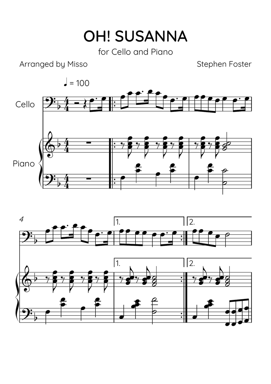 Oh! Susanna - Cello and Piano in F Major - Intermediate Level - Sheet Music Piano scores gallery preview page 1