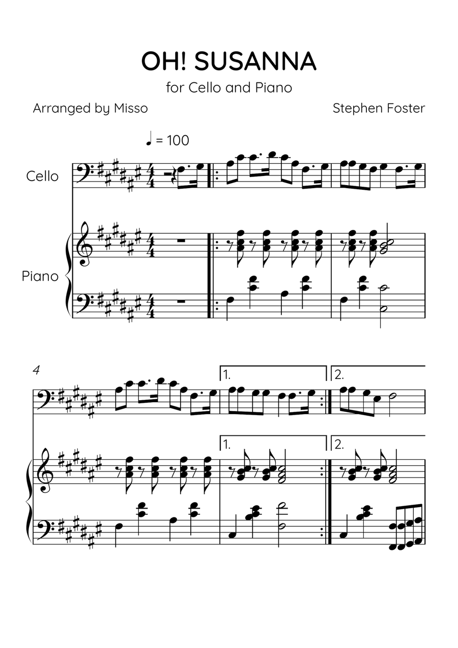 Oh! Susanna - Cello and Piano in F# Major - Intermediate Level - Sheet Music Piano scores gallery preview page 1